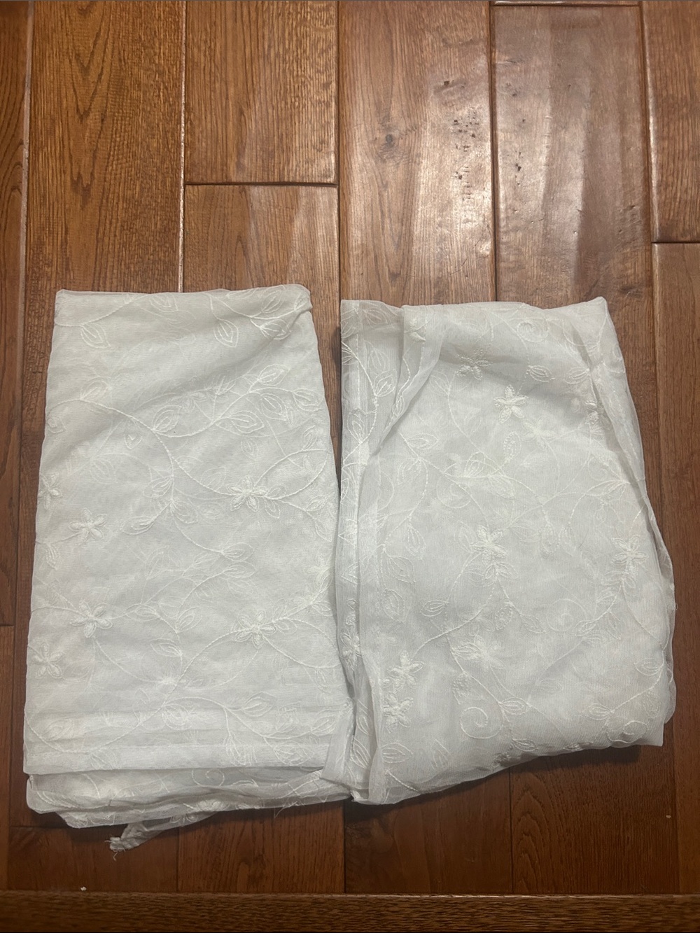 2 White Embroidered Sheer Curtains